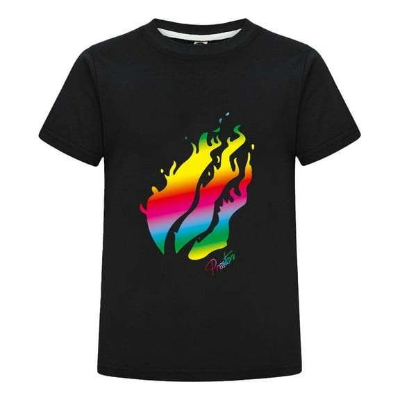 PrestonPlayz Rainbow Flame Kids T-Shirt Boys Girls Multicolor Fire Logo Graphic Tee Casual Short Sleeve Cotton Top Gamer Birthday Gift