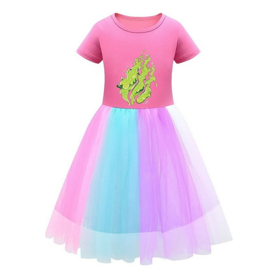 PrestonPlayz Rainbow Skirt Dress – Colorful Girls Outfit with Flame Graphic – Short Sleeve Tulle Style for Everyday or Parties