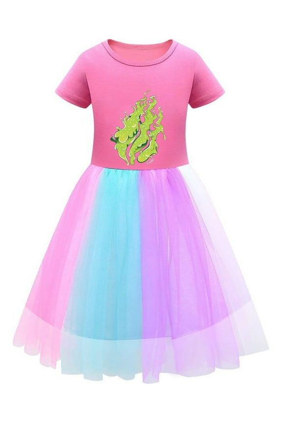 PrestonPlayz Rainbow Skirt Dress – Colorful Girls Outfit with Flame Graphic – Short Sleeve Tulle Style for Everyday or Parties