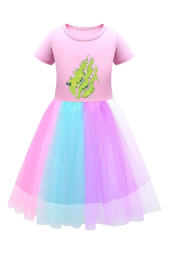 PrestonPlayz Rainbow Skirt Dress – Colorful Girls Outfit with Flame Graphic – Short Sleeve Tulle Style for Everyday or Parties