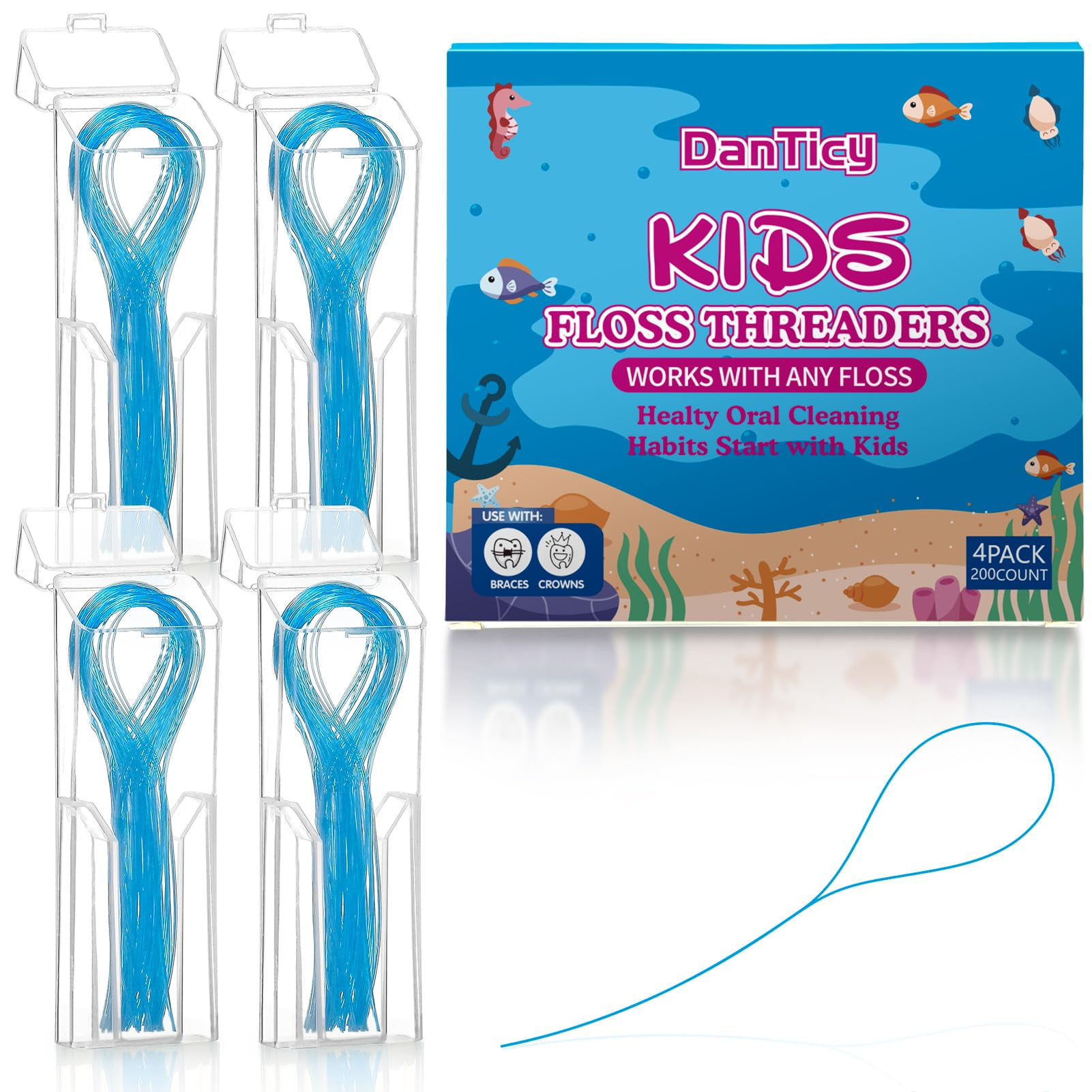 Preteen Kids Floss Threaders, AIF9 Deep Clean Orthodontic Threader Floss for Braces, Bridges, and Implants 200PCS (4Pack)