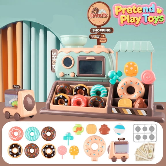 Pretend Donut Shop Cash Register Play Toys, Kids Toddler Oven Candy Ice Cream Shopping Stall Playset, Preschool Educational Learning Toys, Imaginative Snack Store Role Play Kit for Boys Girls Ages 3+