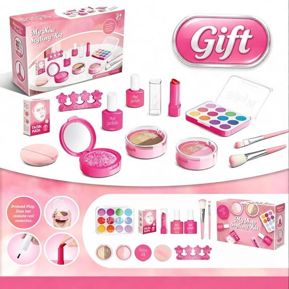 Pretend Makeup Kit for Girls Ages 3+, Fake Beauty Cosmetics Set with Nail Polish Eyeshadow Lipstick Crown Brushes, Non-Toxic Mess-Free Beauty Salon Role Play Toys for Toddlers Girls Birthday Gifts