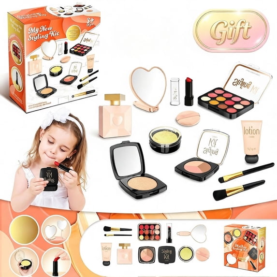 Pretend Makeup Kit for Girls Ages 3+, Kids Fake Beauty Makeup Set with Eyeshadow Lipstick Perfume Heart Mirror Brushes, Non-Toxic Beauty Salon Role Play Toys for Toddlers Little Girls Birthday Gifts