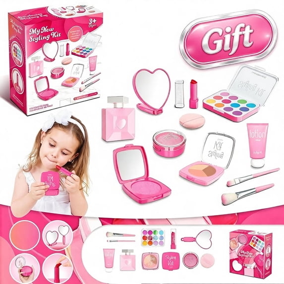 Pretend Makeup Kit for Girls Ages 3+, Kids Fake Beauty Makeup Set with Eyeshadow Lipstick Perfume Heart Mirror Brushes, Non-Toxic Beauty Salon Role Play Toys for Toddlers Little Girls Birthday Gifts