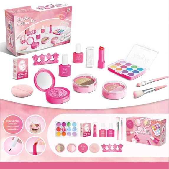 Pretend Makeup Kit for Girls, Kids Cosmetic Pretend Play Beauty Make Up Set, Not Real Eye Shadow Blush Palette Lipstick wit Hand Bag