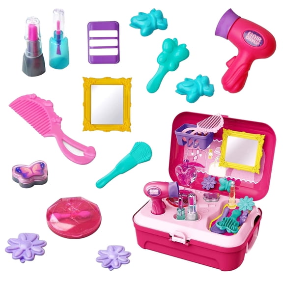 TiokMc 21 Pcs Kids Pretend Makeup Toy Set for Girls, Role Play Cosmetics Kit with Hair Dryer, Accessories & Portable Storage Case, Princess Dress-Up for 3+ Years