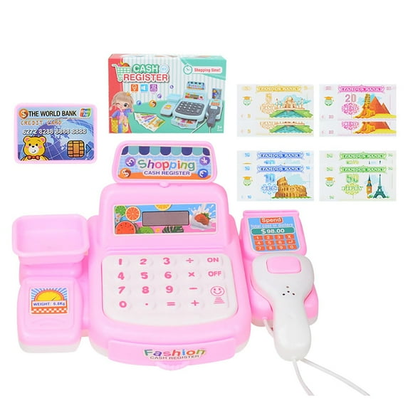 Pretend Play Calculator Cash Register Toy Gift for Kids Age 3, 4, 5, 6, 7, 8+ Year Old, 73 Pcs Grocery Store Playset with Microphone, Credit Card, Play Cash Register for Toddlers Kids 4-8 (Pink)