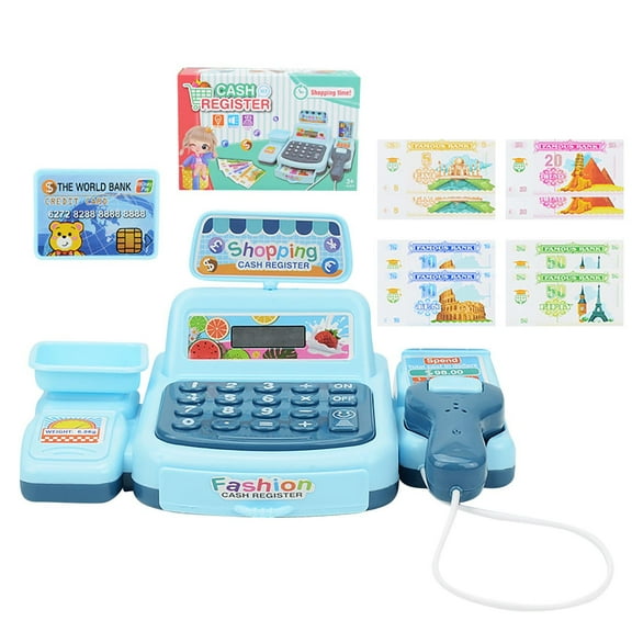 Pretend Play Calculator Cash Register Toy Gift for Kids Age 3, 4, 5, 6, 7, 8+ Year Old, 73 Pcs Grocery Store Playset with Microphone, Credit Card, Play Cash Register for Toddlers Kids 4-8 (Blue)