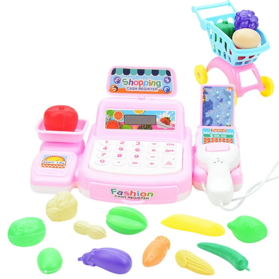 Pretend Play Cash Register Toys with Scanner, Calculator, Large Drawer, Microphone, Play Food, Supermarket Cashier Register Toy, Pre-School Gift for Kids, Toddlers, Boys & Girls, Ages 3 4 5 6 7 8