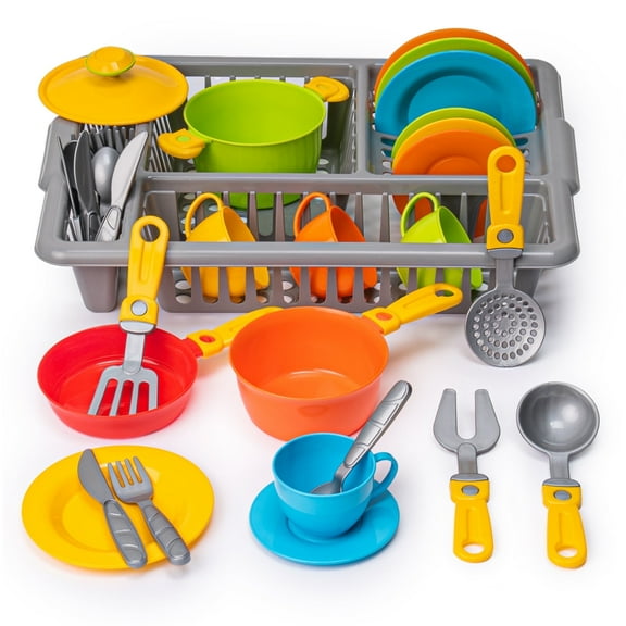 Pretend Play Dishes Cookware Set - 33 Pcs Childrens Durable Tableware Playset with Drainer