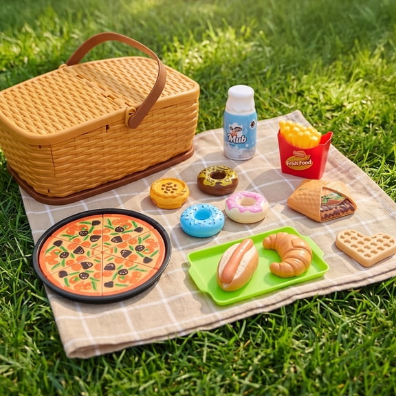 Pizza Party Play Set, Cutting Toy Food Set with Picnic Basket, Pretend Play Food with Chips, Burgers, Play Kitchen Accessories for Boys & Girls 3+