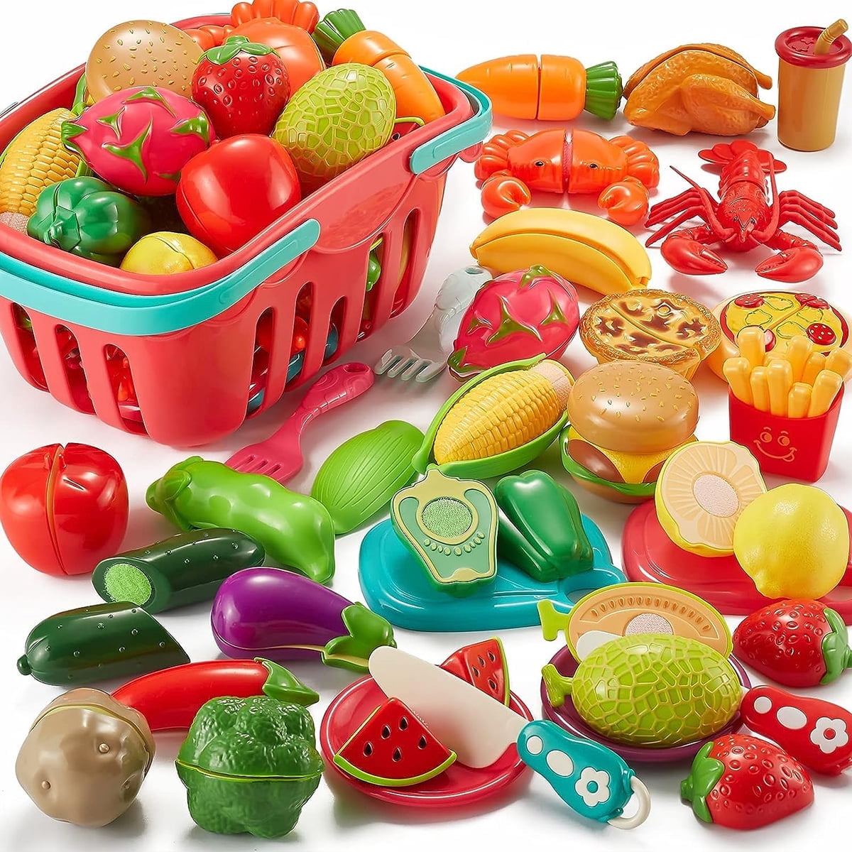 Pretend Play Food Sets for Kids Kitchen 61Pc, Storage Basket Cutting ...