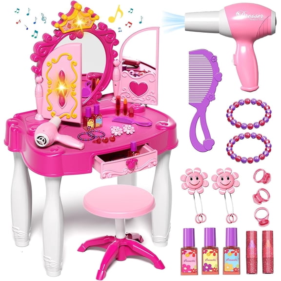 Pretend Play Girls Vanity Set with Mirror and Stool 21 PCS - Kids Makeup Vanity Table Set with Lights and Sounds - Includes Fashion Hair & Makeup Accessories