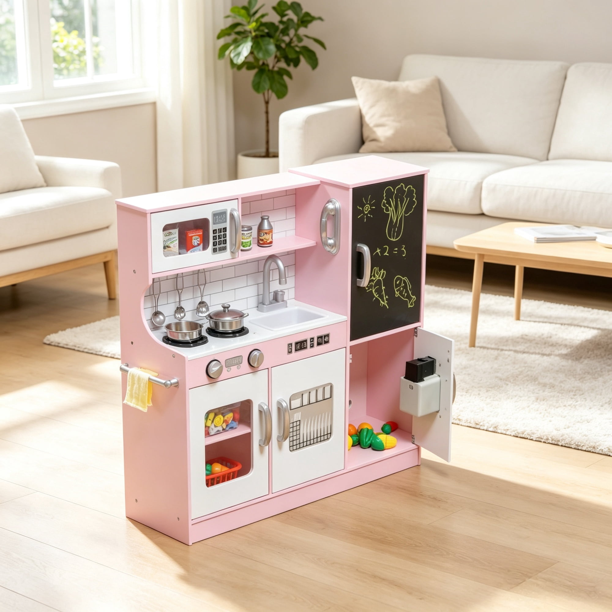 Pretend Play, Kids Kitchen Playset with Play Phone, Chalkboard, Towel Rack & Ice Maker, Pink