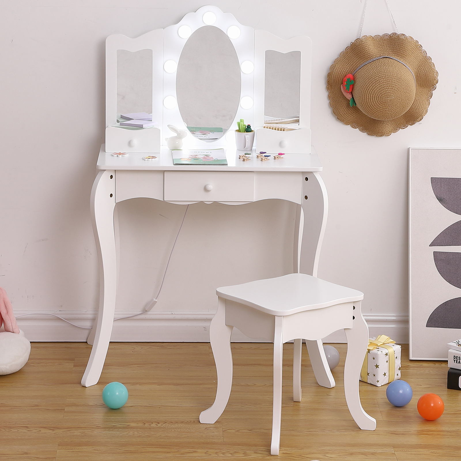 Pretend Play Kids Vanity Set with TriFold Mirror Mirror and Stool,Kids