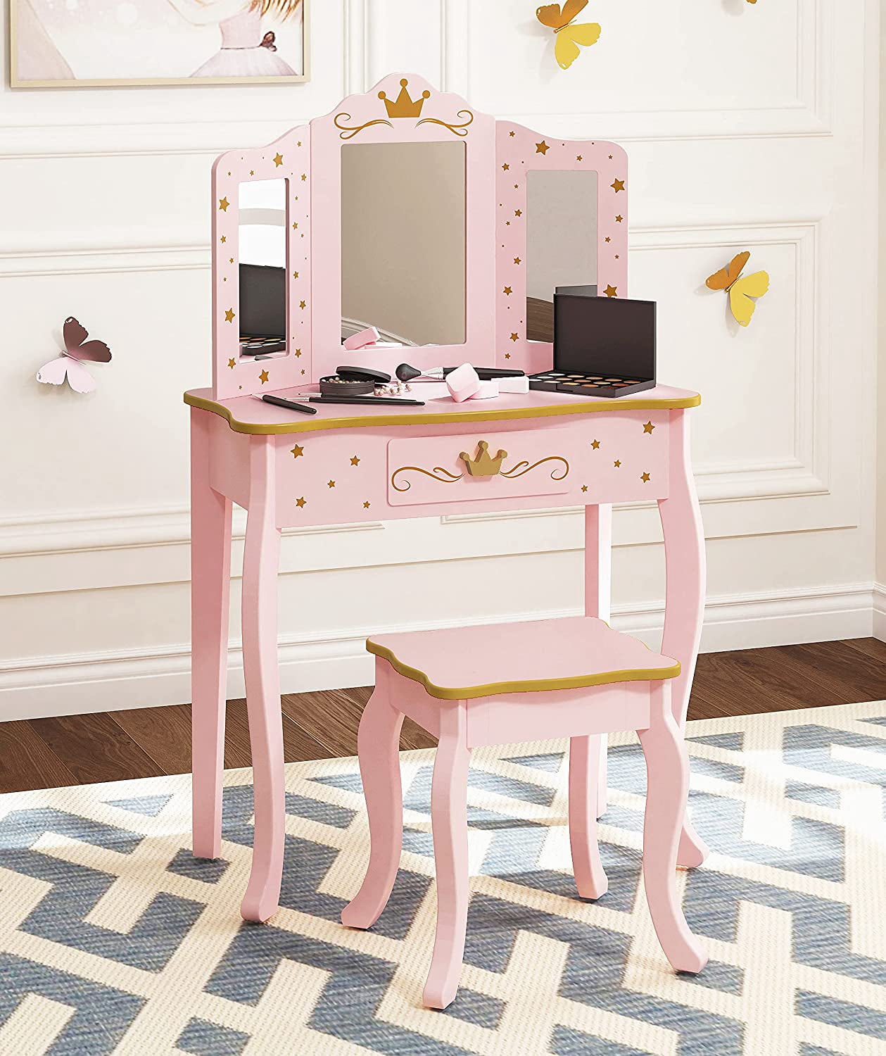 Pretend Play Kids Vanity Table and Chair Vanity Set with Mirror Makeup