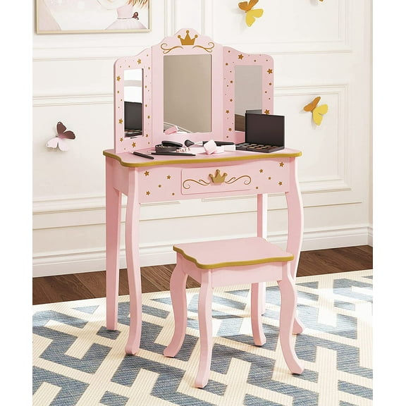 Pretend Play Kids Vanity Table and Chair Vanity Set with Mirror Makeup Dressing Table with Drawer, Play Vanity Set
