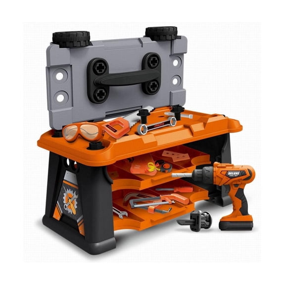 Pretend Play Kids Workbench with Realistic Tools & Electric Drill, Construction Toy Bench for Ages 3-5, 63pc Wheeled Multifunctional Toolbox