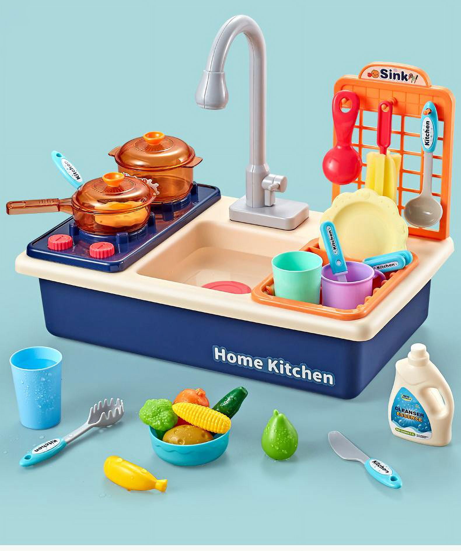 Pretend Play Kitchen Sink Toys with Cooking Stove House Wash Up Play