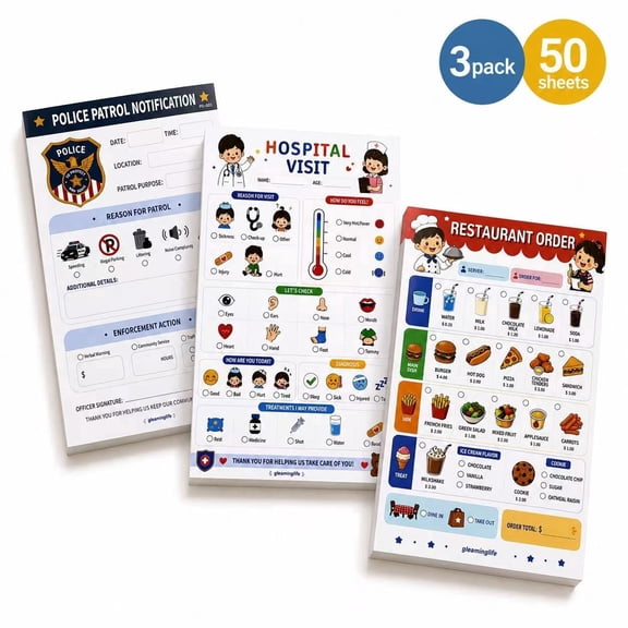 Pretend Play Notepads, 3 Pack Role Play Writing Pads, Restaurant Order, Hospital Visit & Police Patrol Memo Pads, 50 Sheets Each, 3.15 x 5.12 Inch