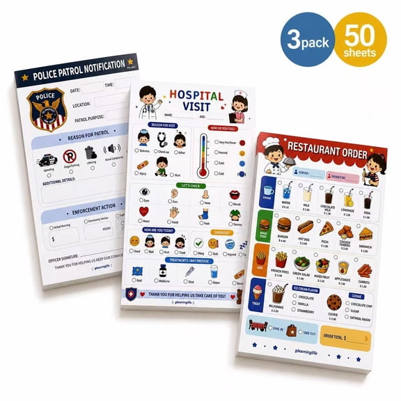 3 Pack Role Play Activity Notepads, Restaurant Order, Hospital Visit & Patrol Writing Pads, Interactive Memo Pad Set, 50 Sheets Each, 3.15 x 5.12 Inch