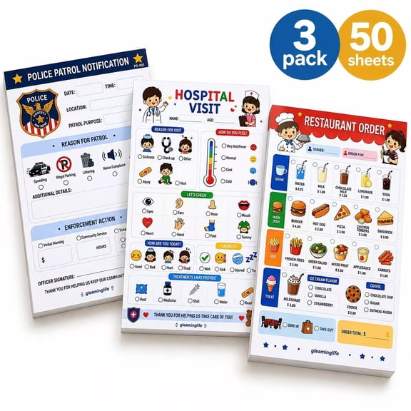 Pretend Play Notepads, 3 Pack Role Play Writing Pads, Restaurant Order, Hospital Visit & Police Patrol Memo Pads, 50 Sheets Each, 3.15 x 5.12 Inch