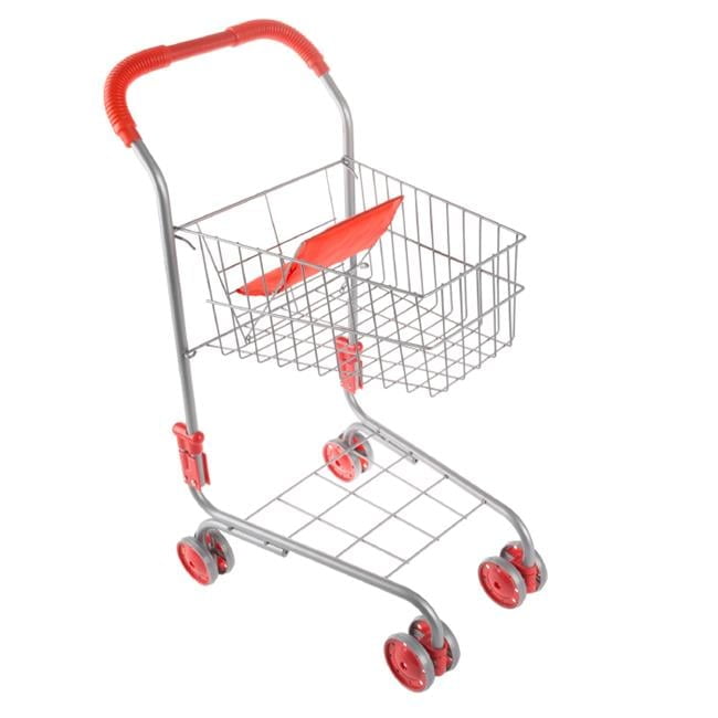 Red and Silver Metal Pretend Play Grocery Cart for Kids