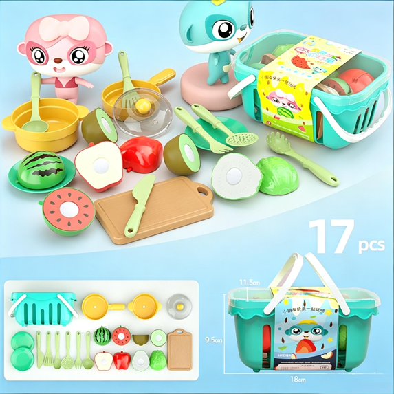 Pretend Play Toys, 17Pcs Kids Pretend Cutting Fruit Vegetable Kitchen Play Toy Set, Safe Thick Plastic Toddler Cooking Playset, Educational Birthday Holiday Gift for Boys Girls Ages 3+
