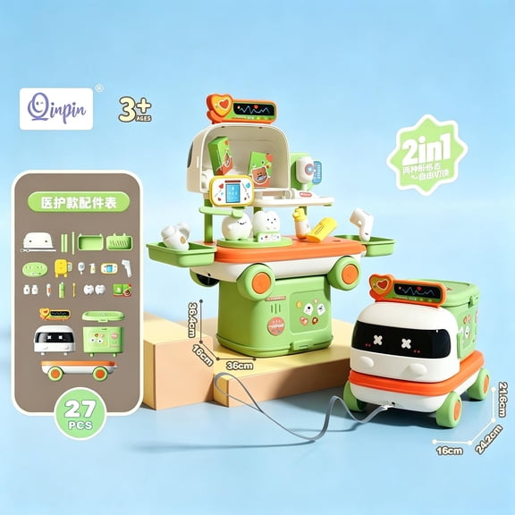 Pretend Play Toys, 2-in-1 Convertible Bus Pretend Play Medical Kitchen Toy Set, 17 Pcs ABS Simulation Role Play Tools Storage Cart, Birthday Holiday Gift for Boys Girls Ages 3-8