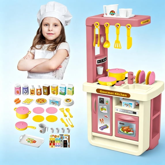 Pretend Play Toys, 43Pcs Kids Pretend Play Kitchen Playset, Toddler Gourmet Cooking Station Toy, Safe Plastic Role Play Kitchen Toy, Educational Birthday Holiday Gift for Boys Girls Ages 4+