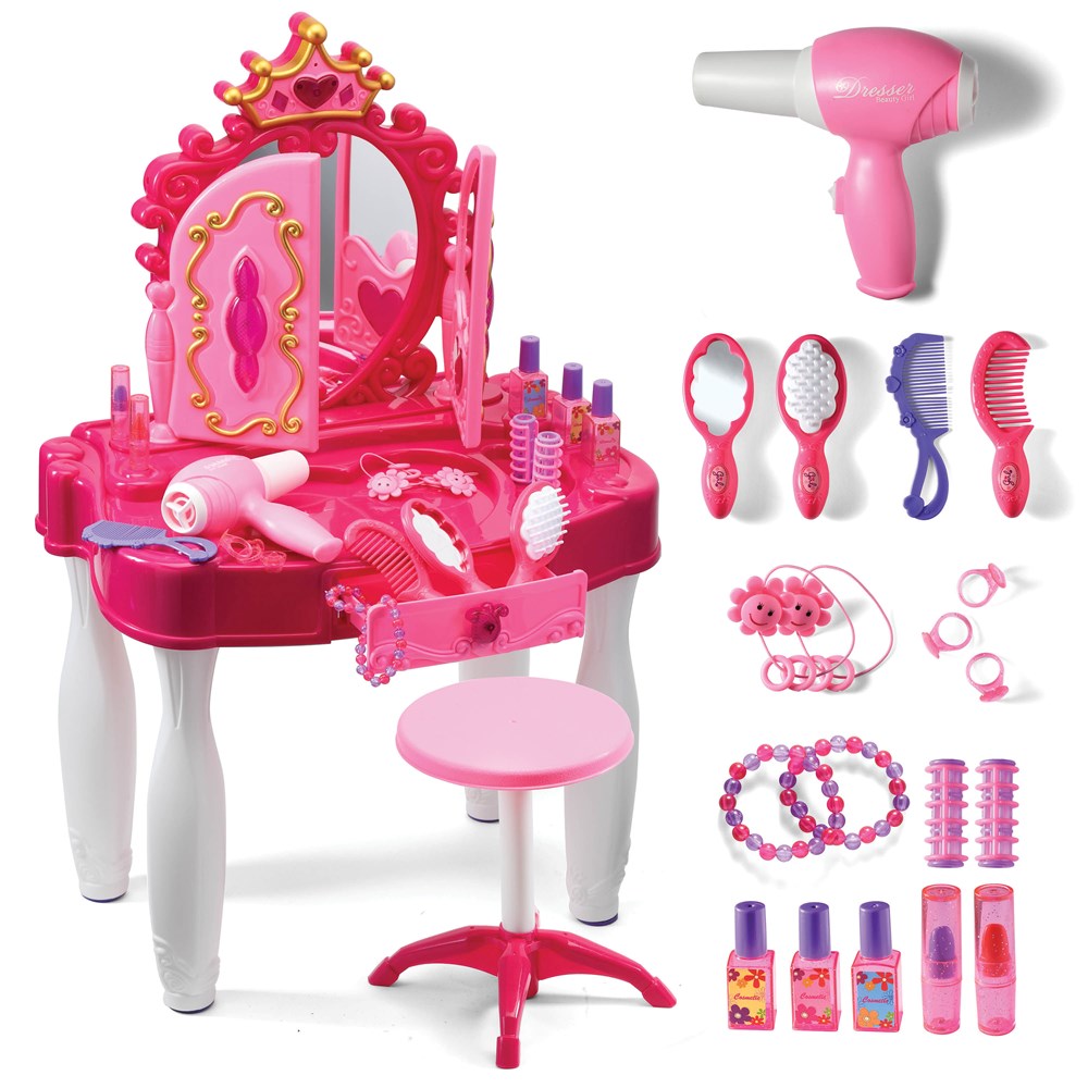 Pretend Play Vanity Set with Mirror and Stool 20 PCS Kids Makeup Vanity  Table Set with Lights and Sounds Kids Beauty Salon Set Includes Fashion Hair  Makeup Accessories Blow-dryer