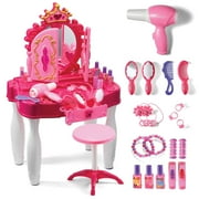 Pretend Play Vanity Set with Mirror and Stool 20 PCS - Kids Makeup Vanity Table Set with Lights and Sounds - Kids Beauty Salon Set Includes Fashion Hair Makeup Accessories Blow-dryer - Play22USA