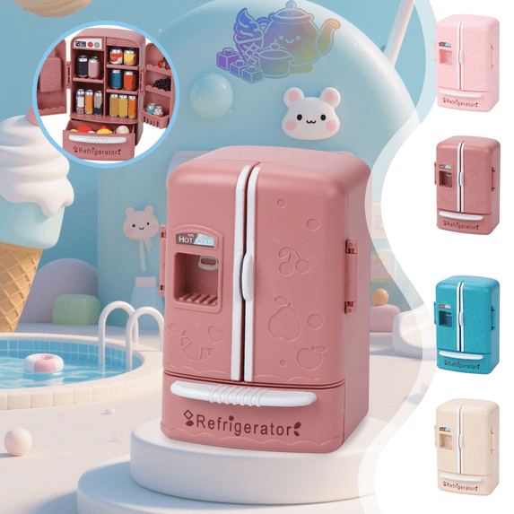 Pretend Refrigerator Play Toy, Mini Double Door Fridge Playset with Simulation Food Accessories, Kitchen Pretend Play House Toys, Role Play Cooking Toy for Kids Ages 3 and Up