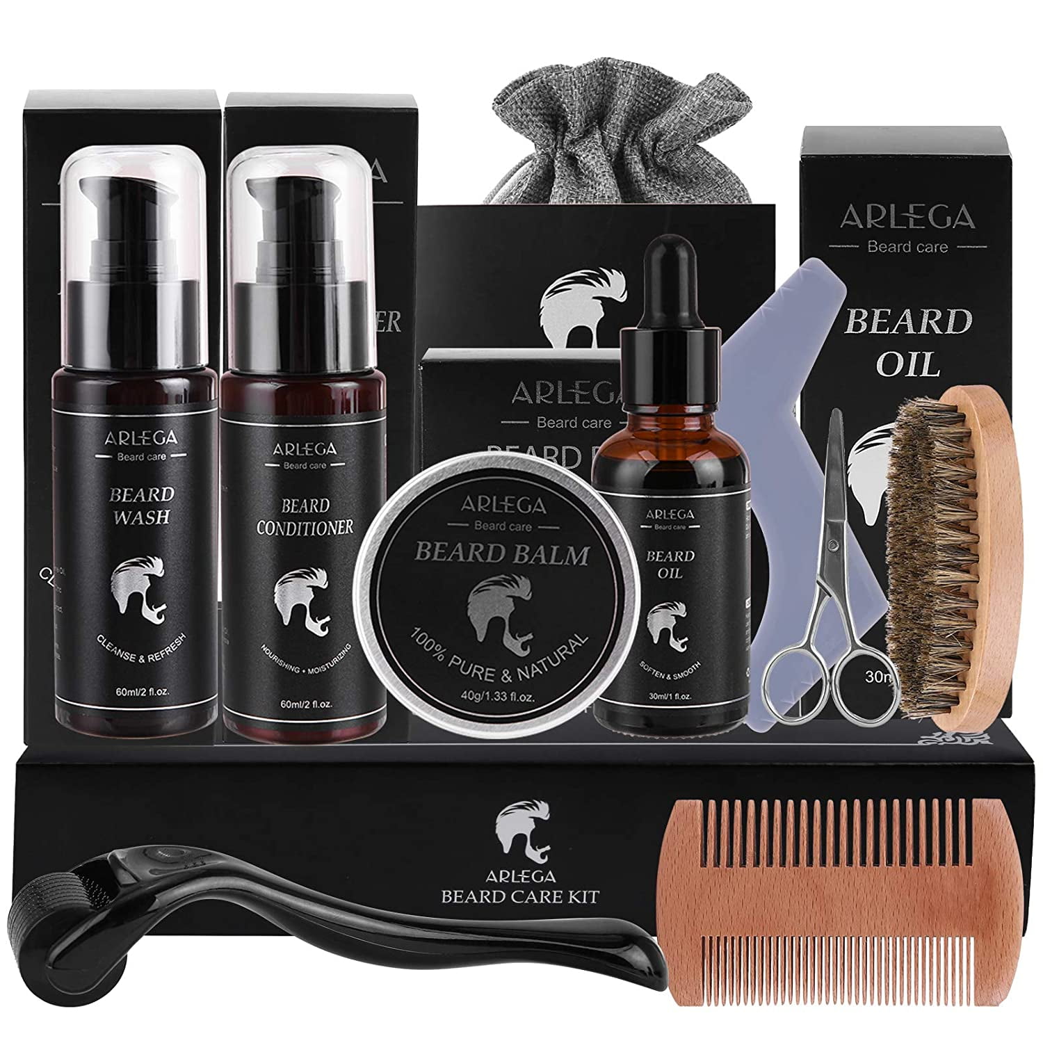 Pretfy Beard Kit,Men 10 In 1 Shampoo Roller Care Kit Best Roller Comb Kit Oil 1 Kit And Care Oil Balm Conditioner Brush Scissor Complete 10 1 Set With Kit - Complete 10 Piece Set Care - Oil Man Male