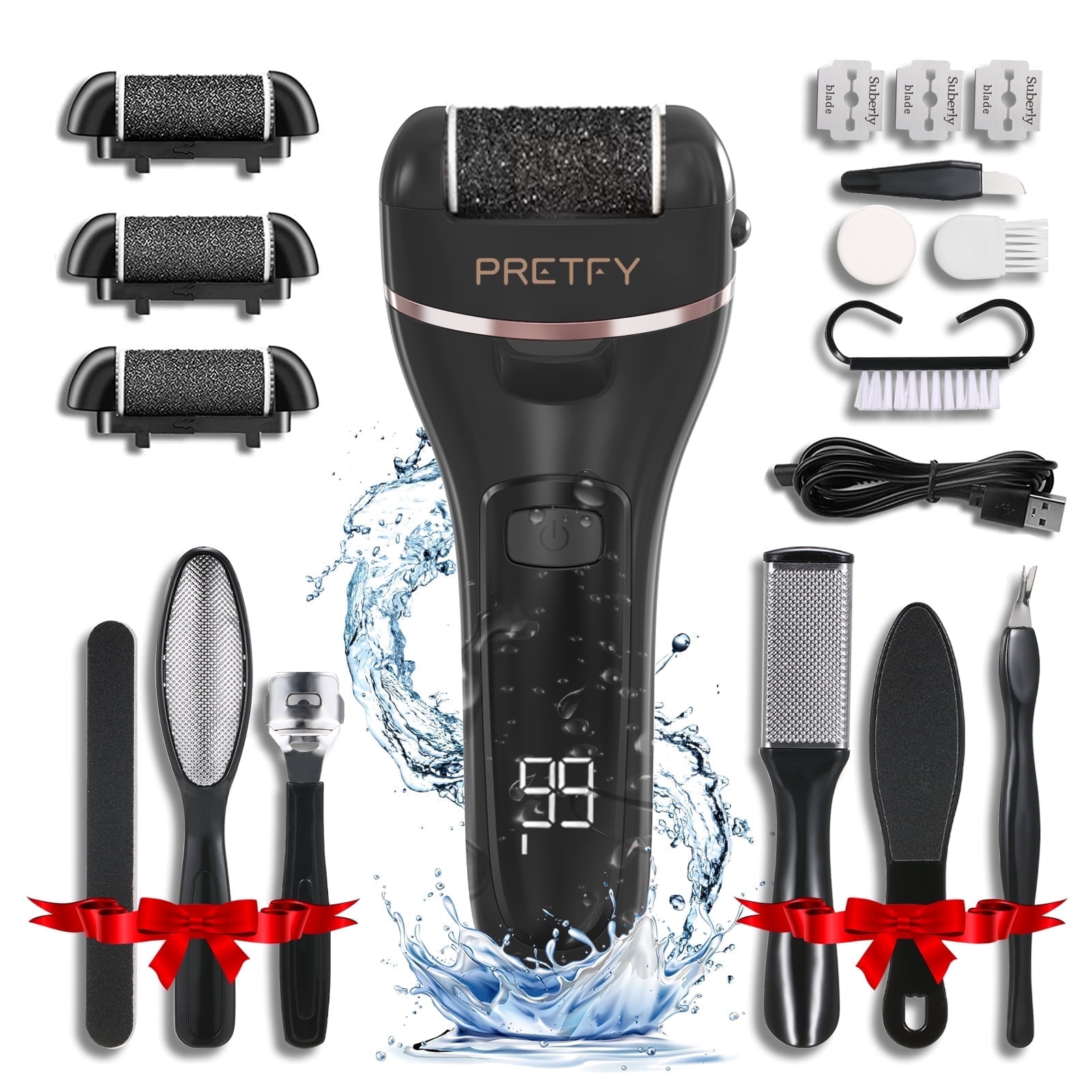 Pretfy Electric Feet Callus Remover, 16-in-1 Rechargeable Waterproof Portable Hard Skin Remover with 3 Rollers and 2 Speeds for Dead Hard Cracked Dry Skin