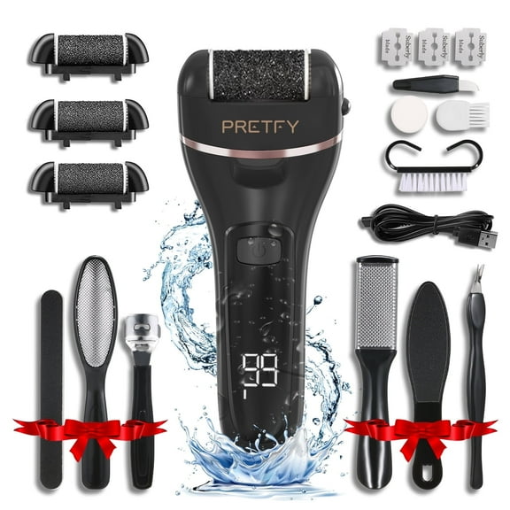 Pretfy Electric Callus Remover for Feet, Portable 16 in 1 Pedicure Foot File Kit with 3 Roller Heads, 2 Speed,Black