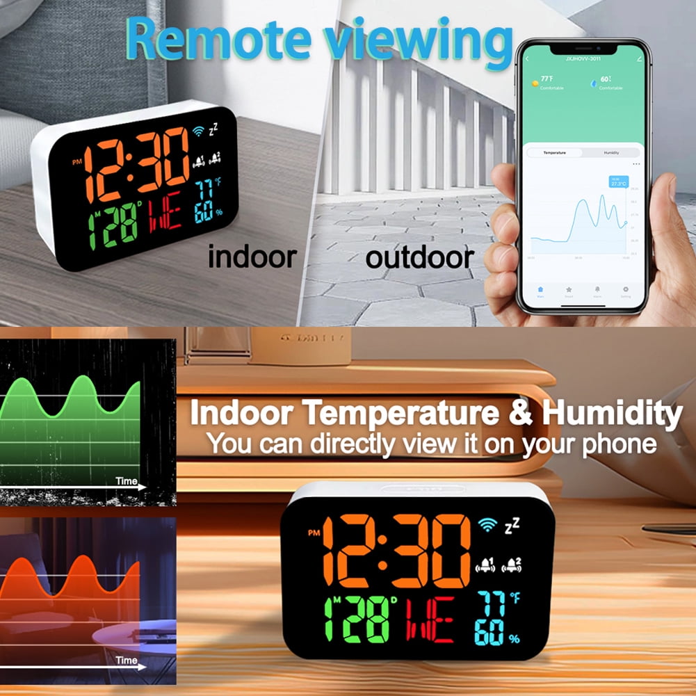 Pretfy Temperature and Humidity Meter,Support Wifi Auto-calibration/4-level With Led Display Adjustable Remote Temperature Display Support Wifi Calendar Thermometer With Clock Calendar Thermometer