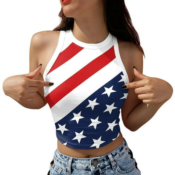 Prettady Color Cosplay American USA Flag Crop Tank Tops for Women T Shirt Patriotic 4th of July Vest Tops GA123-1012 XL