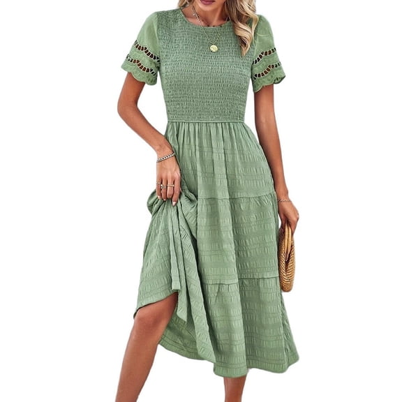 Prettady Women'S Spring Summer Solid Color Elegant Dresses Crewneck Cut Out Maxi Dress Fruit Green S