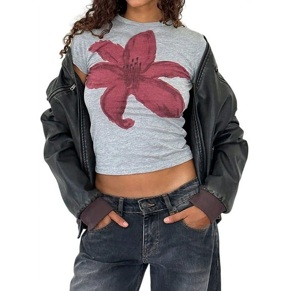 Prettady Women Short Sleeve Baby Tee Y2k Flower Graphic Printed Crop Top Slim Fit Crew Neck Tees Grey L