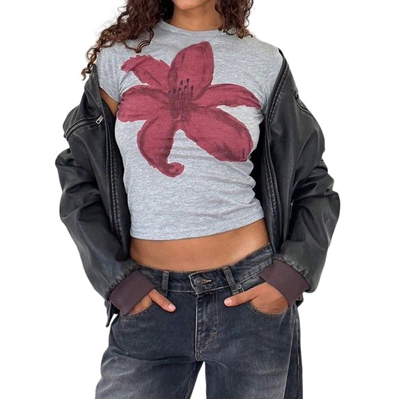 Prettady Women Short Sleeve Baby Tee Y2k Flower Graphic Printed Crop Top Slim Fit Crew Neck Tees Grey S