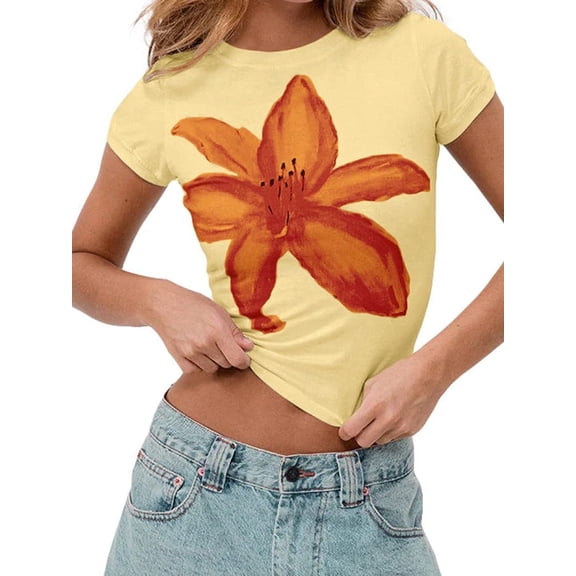 Prettady Women Short Sleeve Baby Tee Y2k Flower Graphic Printed Crop Top Slim Fit Crew Neck Tees Yellow S