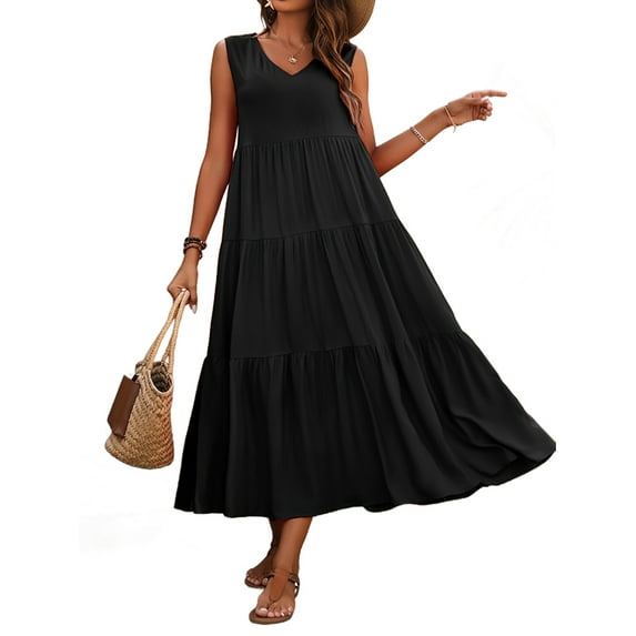Prettady Womens Summer Dresses Sleeveless Maxi Dress V-Neck Casual Flowy Tiered Sundresses Black XXL