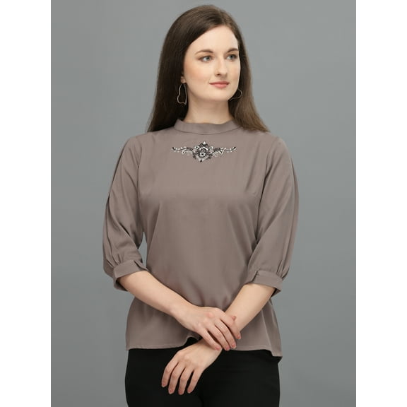 Prettify Women Straight Regular 3/4th Sleeve Casual Female Taupe Western Top