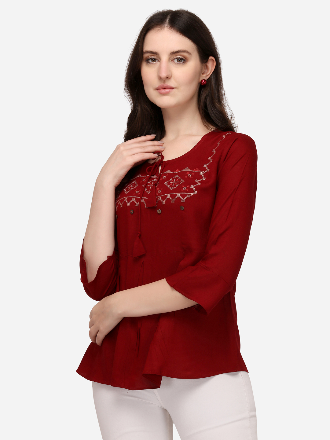 Trendy & Comfortable Red N Rayon Embroidery Top main image 0