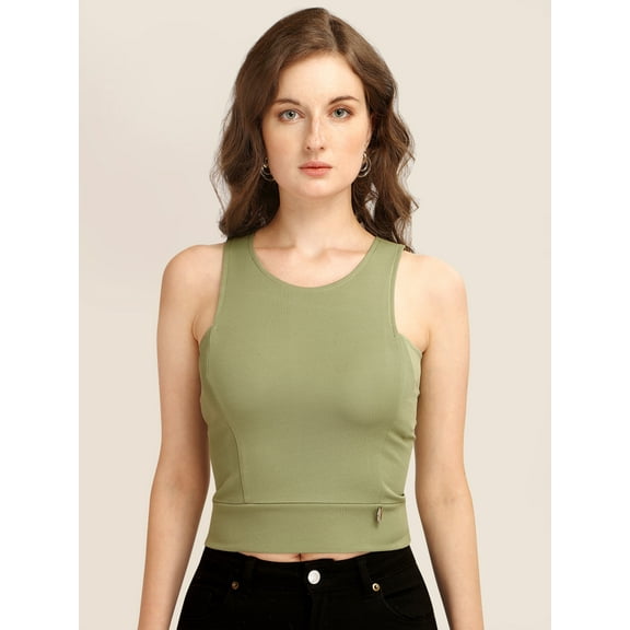 Prettify Women's Straight Regular Green Sleeveless Round Neck Western Top - X-Small