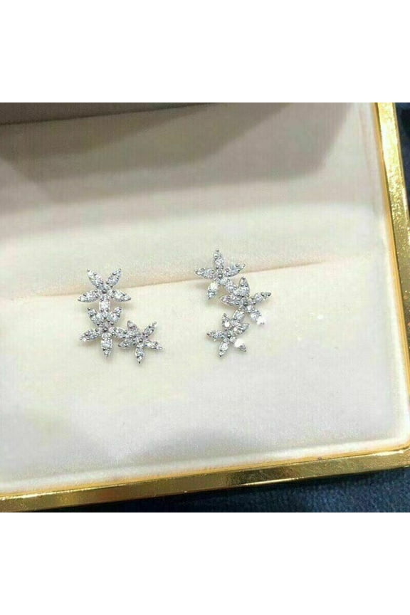 Pretty 1 CT Lab Created Diamond Cluster Stud Women's Earrings In 14K White Gold Plated 925 Sterling Silver