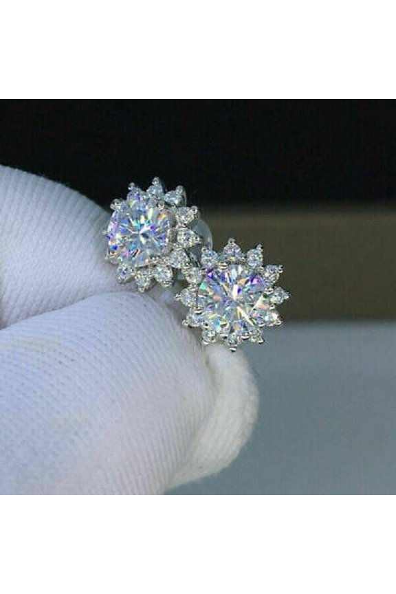 Pretty 14K White Gold Finish Silver 3Ct Lab Created Diamond Push Back Halo Stud Earrings