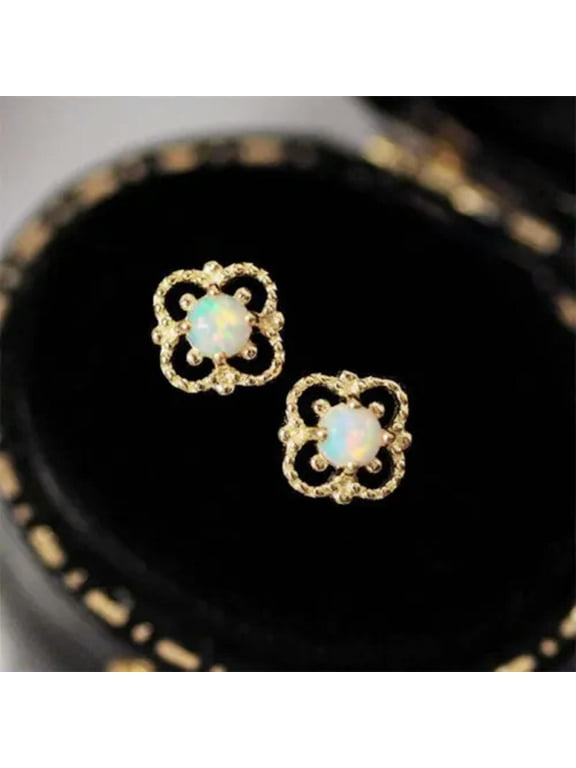 Pretty 18k Yellow Gold Plated Stud Earring White Fire Opal Wedding Gifts A Pair